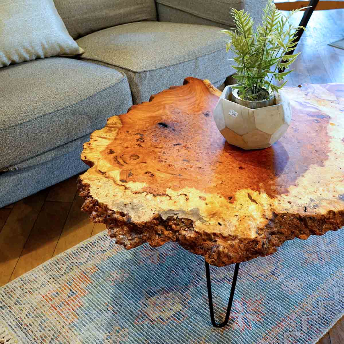 無垢 輪切りの立派なこぶ付き一枚板に新品の鉄脚を付けて作った