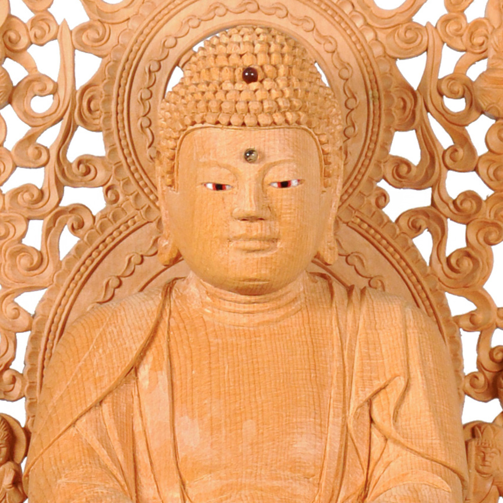 本柘植 金剛蓮華台座（手彫）十三仏光背（一枚材 手彫）桧 釈迦如来