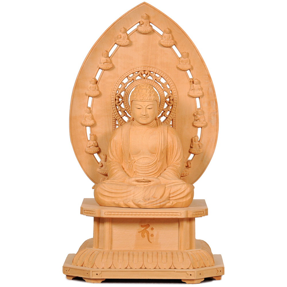 本柘植 オリジナル角切台座（台付） 十三仏光背 釈迦如来坐像 眼入 京