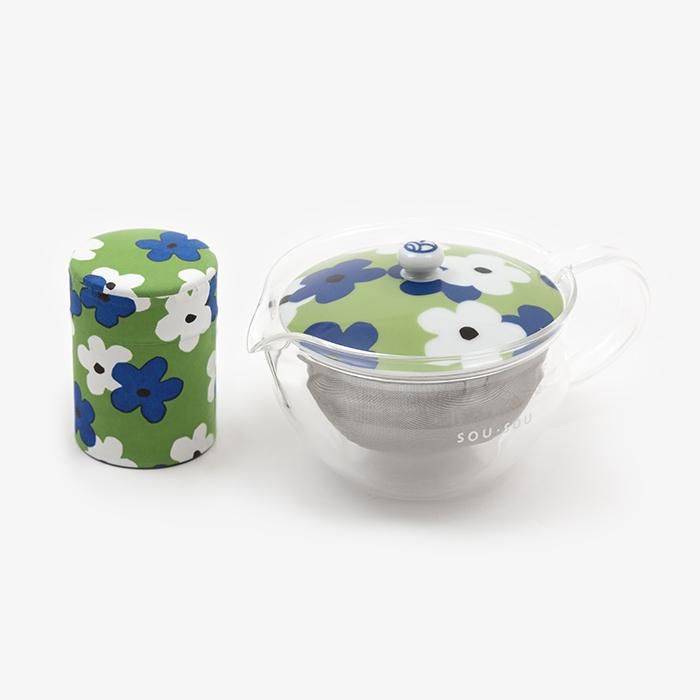耐熱ガラス急須＆茶缶セット／花がさね