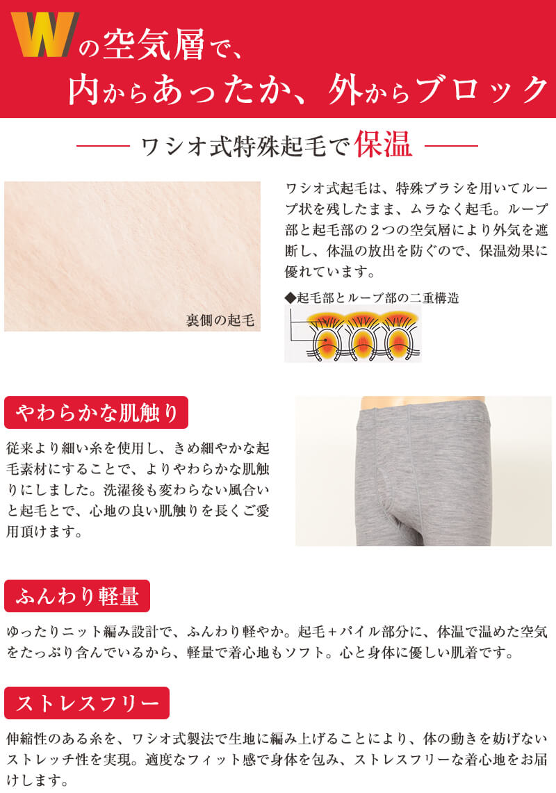 ワシオ もちはだ サムナイ 紳士 タイツ M～LL (裏起毛 防寒 暖か 厚手