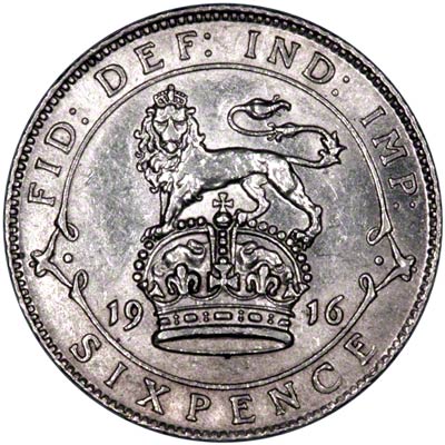 1916 George V Bare Head Sixpence