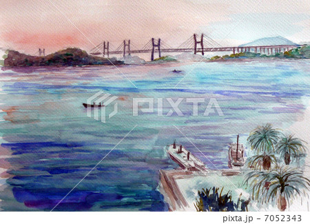 瀬戸大橋の朝を描いた手書き水彩画のイラスト素材 [7052343] - PIXTA