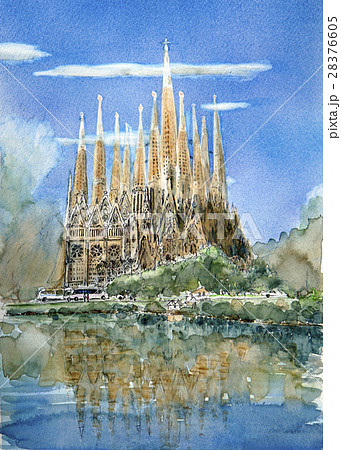 サクラダファミリアの完成予想手書きイラスト カラー最新版のイラスト