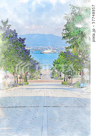 北海道の夏 函館元町の坂のある風景 [八幡坂]のイラスト素材 [57748957