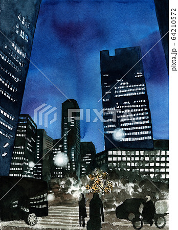 水彩で描いた丸の内の夜景のイラスト素材 [64210572] - PIXTA