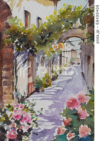 ヨーロッパの古い街 プロヴァンス 水彩画 風景画のイラスト素材