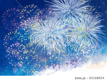 花火：花火 花火大会 火花 風物詩 8月 フレーム 枠 水彩 イベント 年中