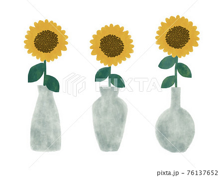 夏の花ひまわりと花瓶のナチュラルな手描き水彩イラスト素材のイラスト
