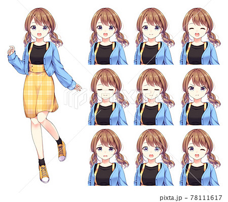 アニメ風の女性キャラクター 全身イラスト＋表情差分セットのイラスト