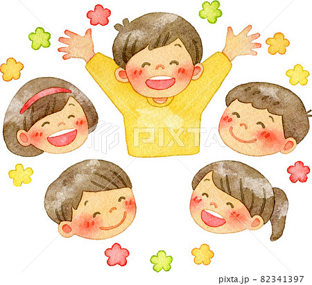 友達の輪に囲まれる笑顔の子供(男の子)の水彩イラストのイラスト素材