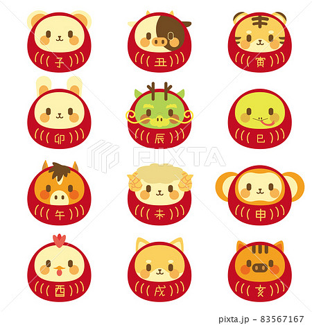 年賀状素材 干支達磨 子丑寅卯辰巳午未申酉戌亥のイラスト素材
