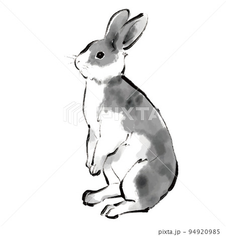 うさぎの水墨画イラスト モノクロ 卯年 兎 年賀状 のイラスト素材