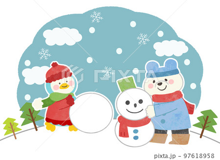 冬の白クマとペンギンのイラスト素材 雪遊び背景つきのイラスト素材
