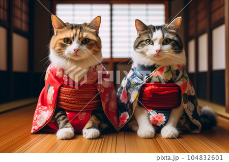 着物を着た2匹の猫のイラスト素材 [104832601] - PIXTA