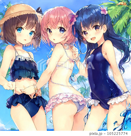 海 海辺 海水浴 女の子 女子 水着 ビーチのイラスト素材 [105225774