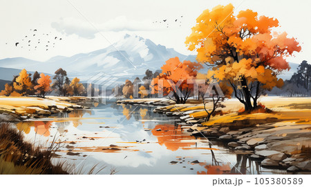 木々の紅葉が水面に映る美しい水辺の風景：水彩画のイラスト素材