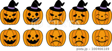 ジャックオーランタン 表情 セット 線ありのイラスト素材 [100466189