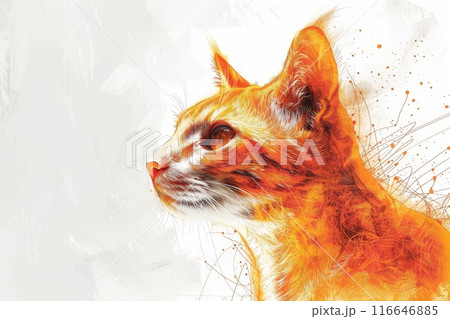オレンジの猫の横顔の水彩画（ドローイング・ラインアート・幻想的