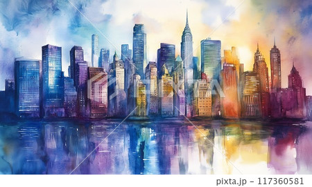 水彩が描く色彩豊かな都市の夜景：水面に映る煌めくスカイラインの