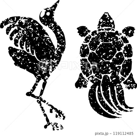 鶴亀 和風 版画 判子 切り絵 手描き イラスト素材のイラスト素材