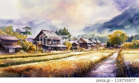 秋の田舎集落 静かな農村と黄金色の稲穂が広がる日本の風景 水彩