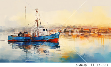 港から出航する漁船の水彩風イラスト AI画像のイラスト素材 [110439884