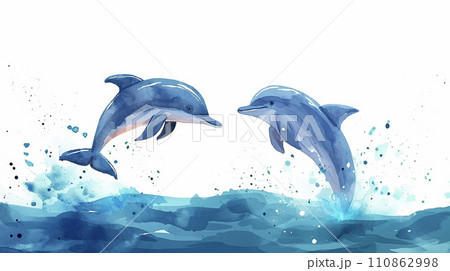 ジャンプする2匹のイルカの水彩画 AI画像のイラスト素材 [110862998