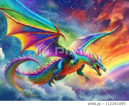 Rainbow dragon wearing a rainbow-colored aura - Stock Illustration