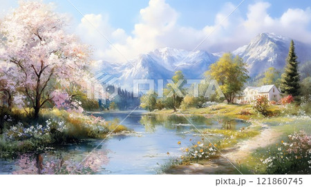 桜咲く湖畔と雪山の絶景｜春の田舎風景イラストのイラスト素材