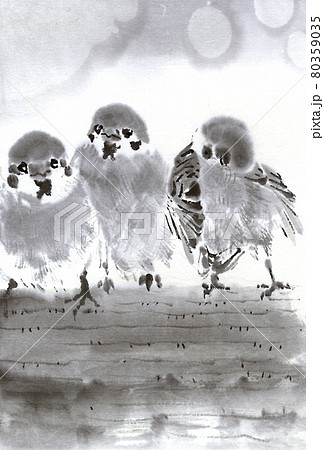 鳥 墨絵 水墨画 雀のイラスト素材 - PIXTA