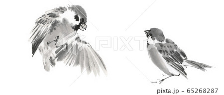 鳥 小鳥 水墨画 イラストの写真素材 - PIXTA