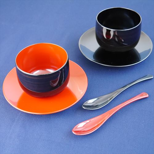 越前塗/越前漆器/山崎漆器/彩波椀・皿ペア スプーンセット/白檀/椀Φ9