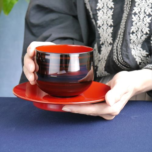 越前塗/越前漆器/山崎漆器/彩波椀・皿ペア スプーンセット/白檀/椀Φ9