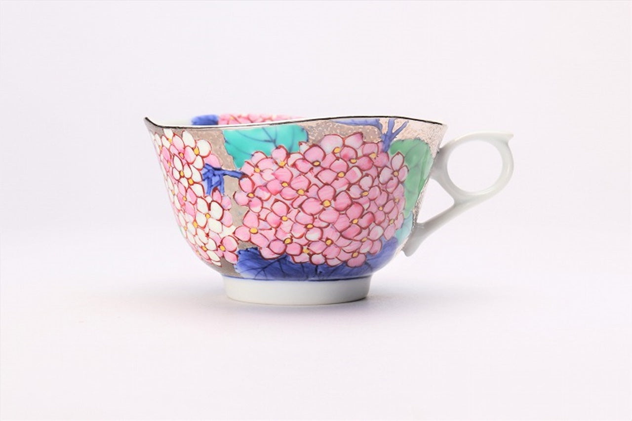 カフェ用品 「コーヒー碗 プラチナ 紫陽花 木箱付」 金龍窯 江口天童