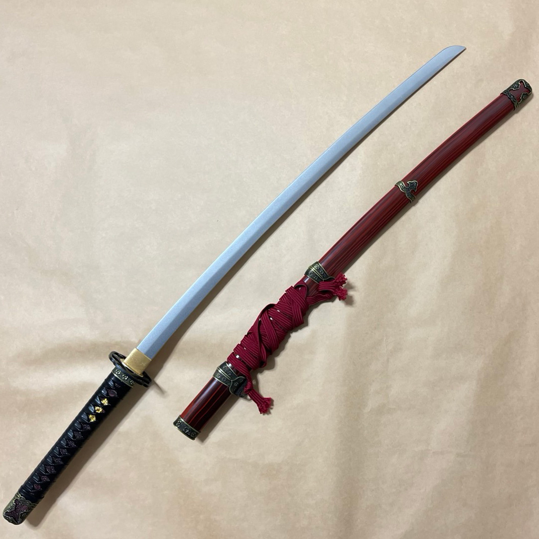 兜金太刀（赤） 拵え ｜赤鞘・レザー革柄・吊り金具・渡り巻きなし