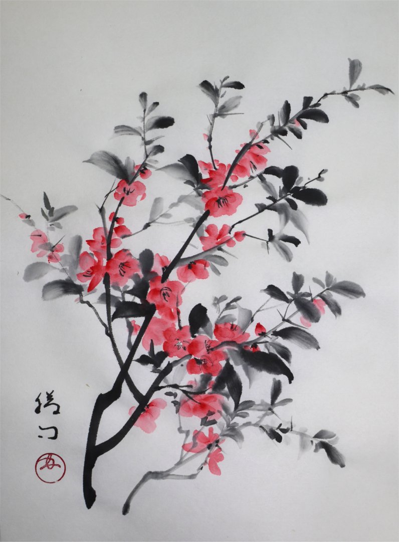 彩墨画（水墨画）「木瓜（ボケ）」 福田勝司筆 | 水墨画・達風 色彩の