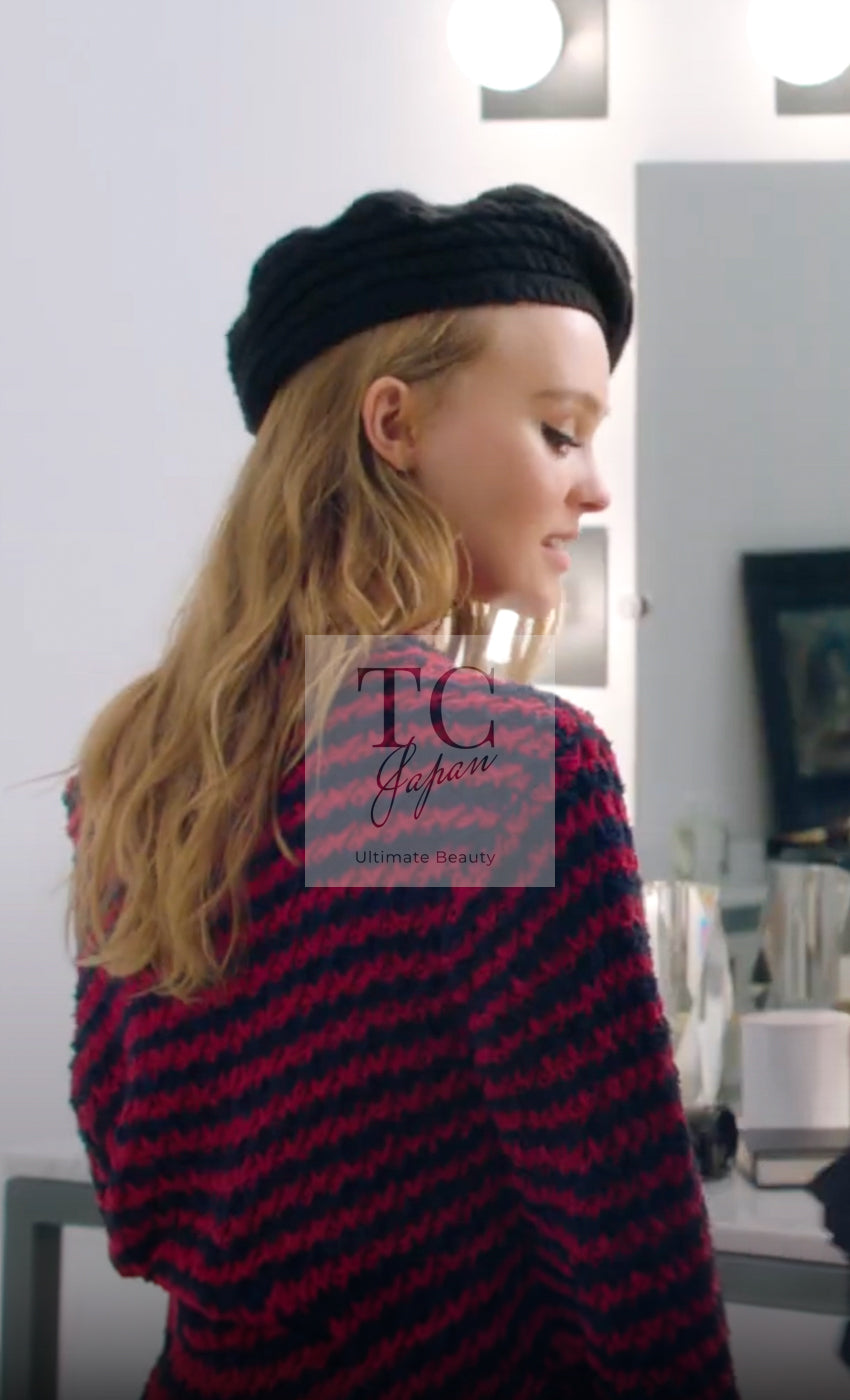 シャネル カーディガン CHANEL レッド ネイビー ストライプ チェーン