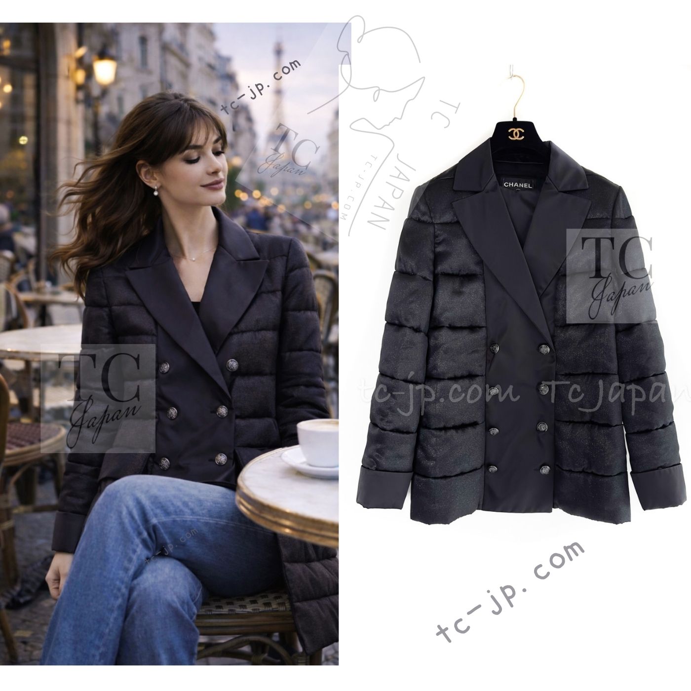 シャネル ジャケット コート CHANEL ブラック シルク100% 中綿ダウン