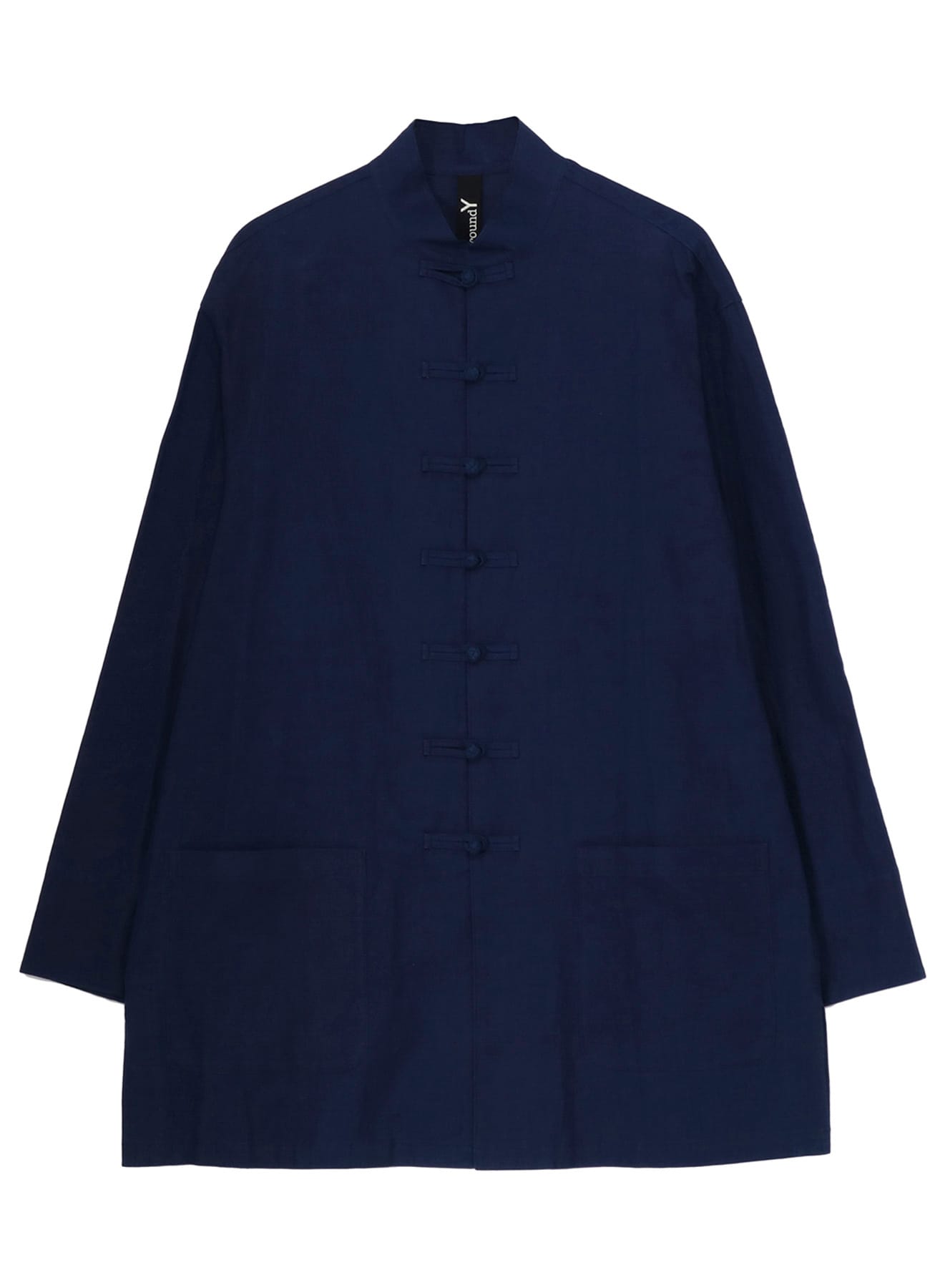INDIGO DYED COTTON LINEN SHEETING SHAKA BUTTON STAND COLLAR SHIRT