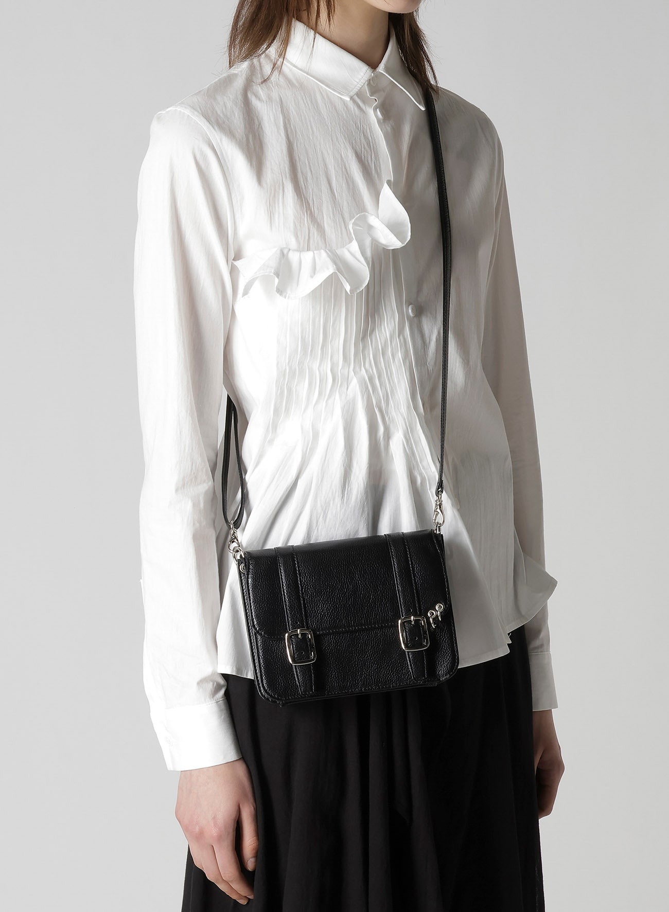 SHRINKED LEATHER FLAP MINI SHOULDER BAG(FREE SIZE Black): Yohji