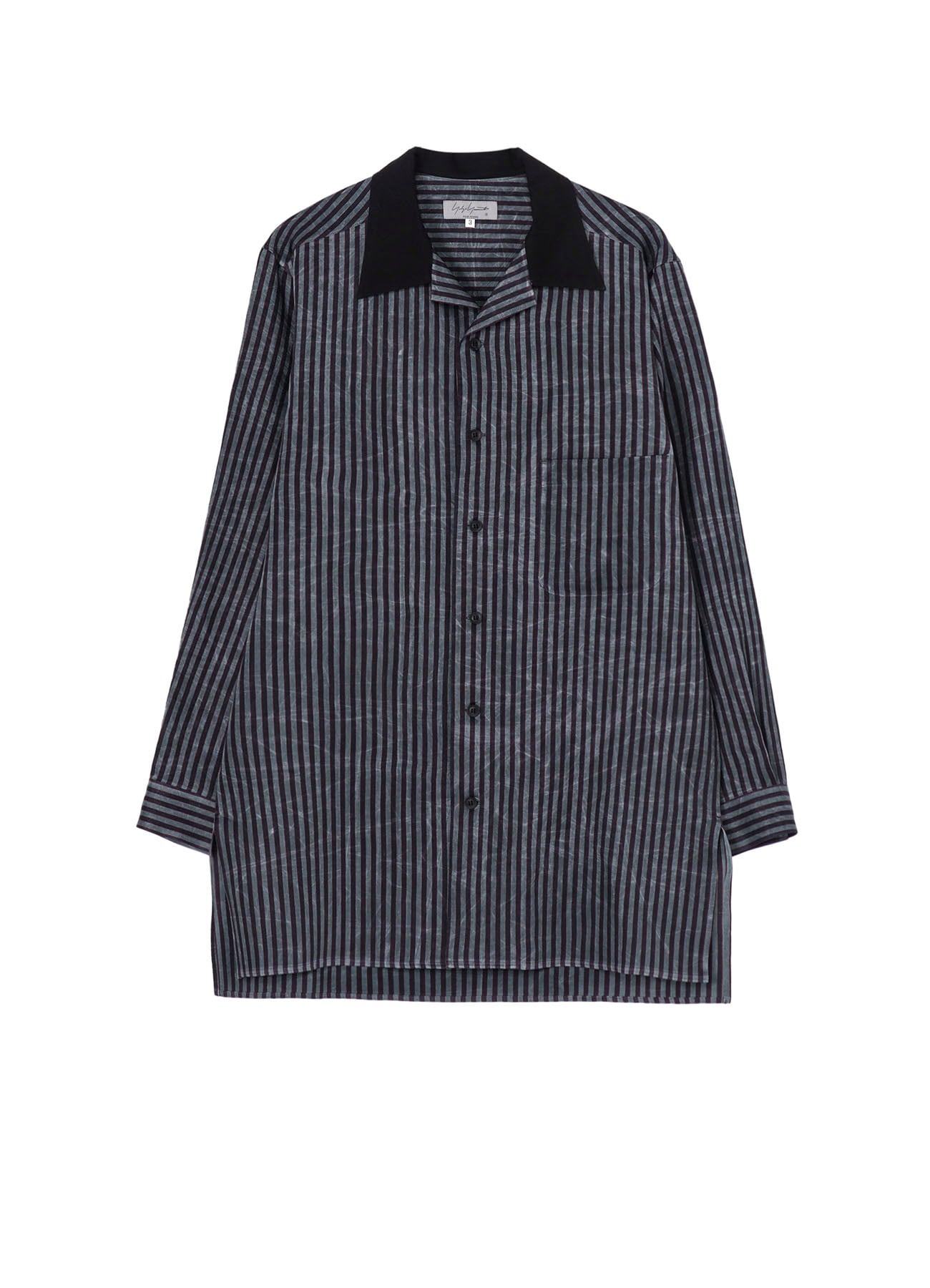 STRIPE OPEN COLLAR BLOUSE WITH DIFFERENT FABRIC(S Black): Vintage