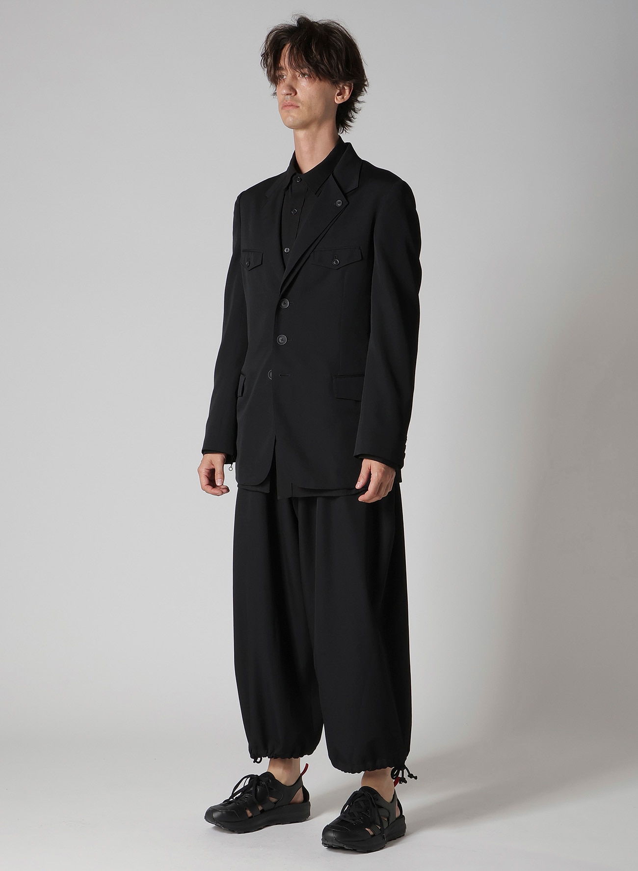 WOOL GABARDINE DOUBLE LEFT LAPEL DOUBLE JACKET(S Black): Yohji