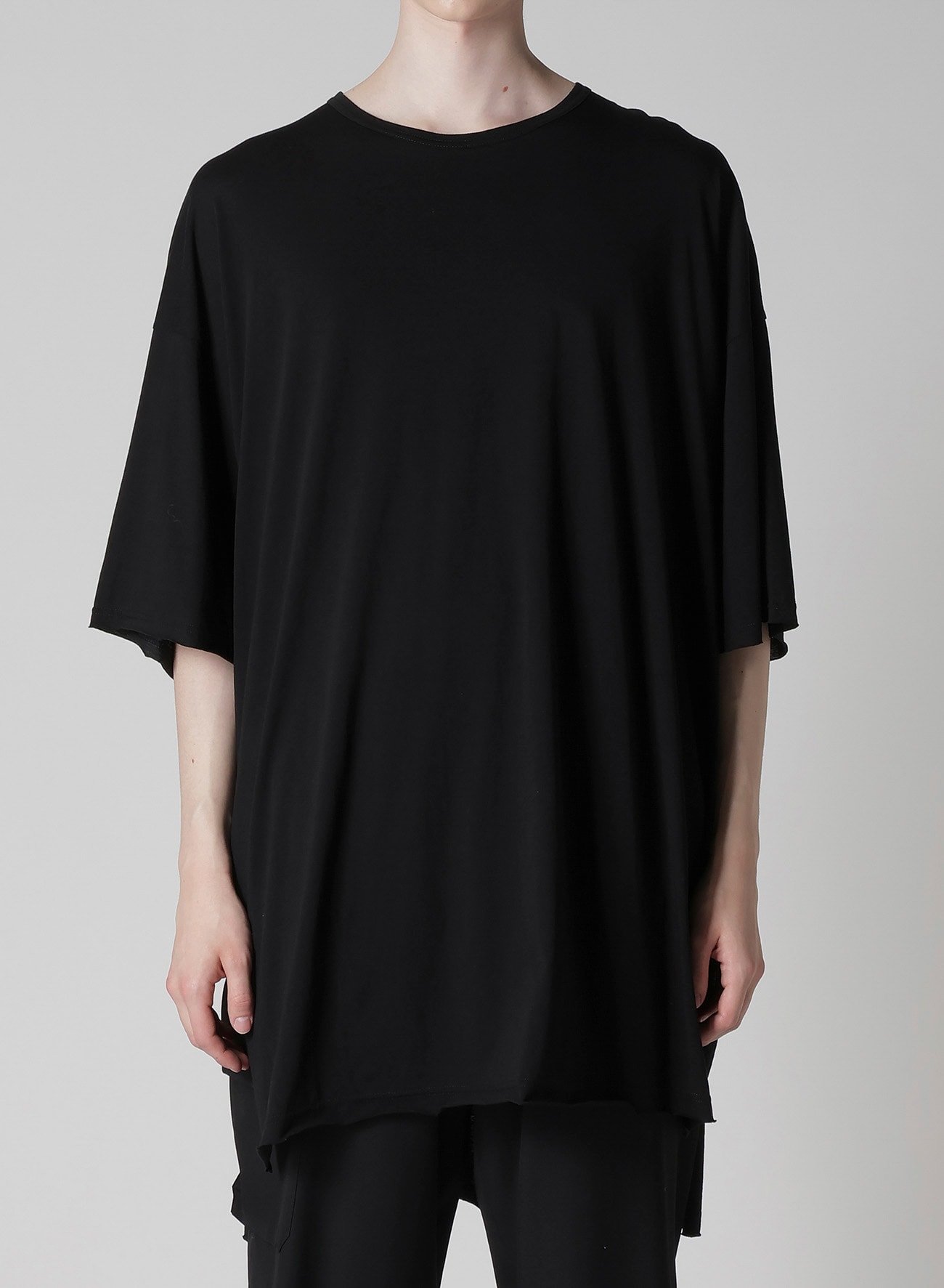 COTTON CASHMERE JERSEY BIG ROUND NECK SHORT SLV T(FREE SIZE Black