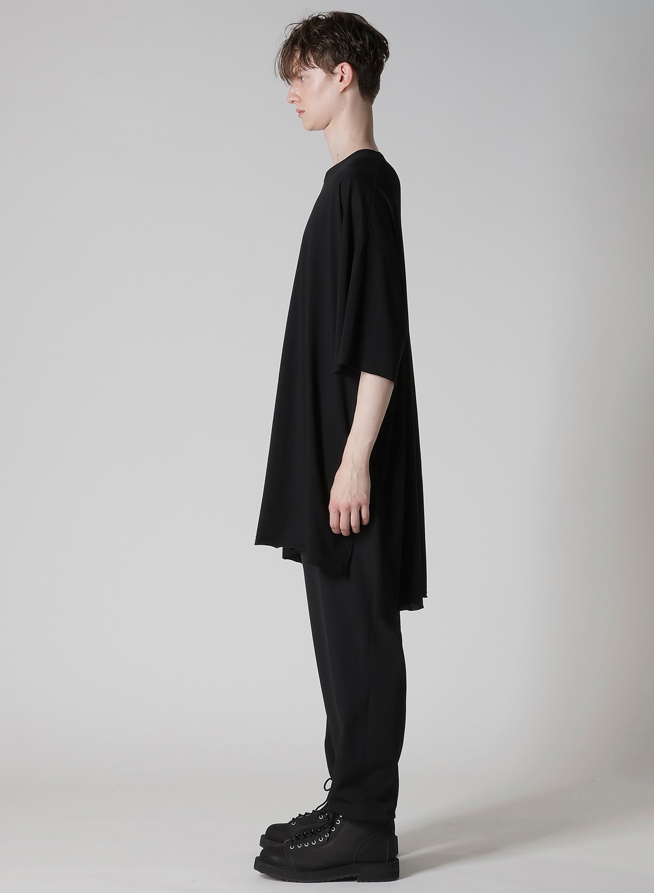 COTTON CASHMERE JERSEY BIG ROUND NECK SHORT SLV T(FREE SIZE Black