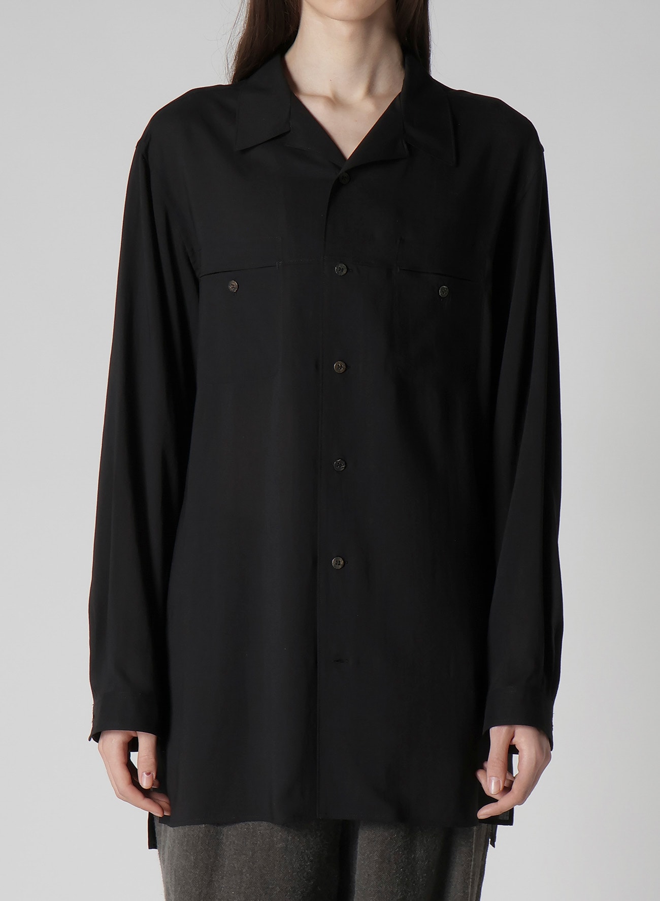 CELLULOSE LAWN PANEL OPEN-COLLAR SHIRT(S Black): Soldes｜THE SHOP