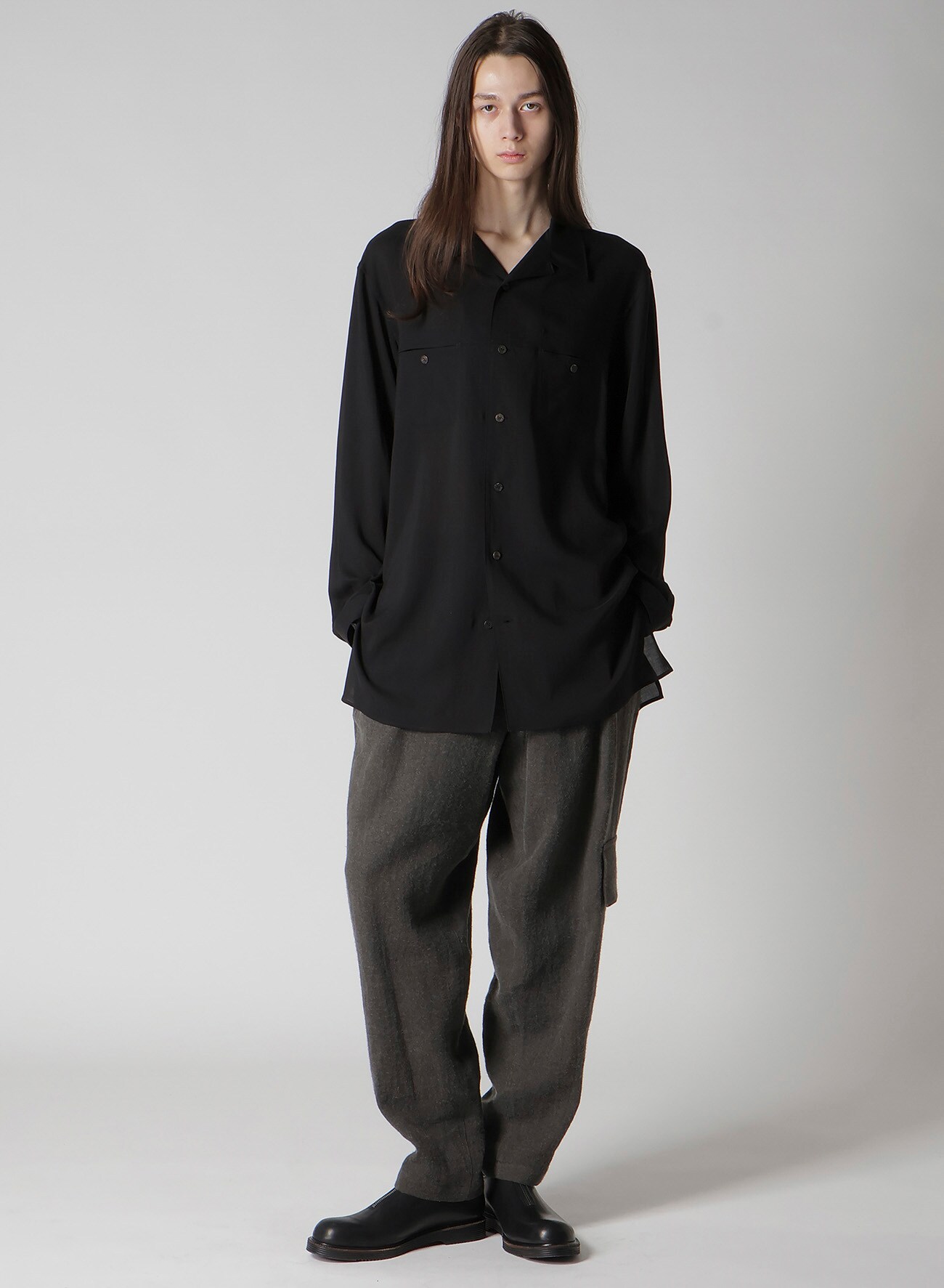 CELLULOSE LAWN PANEL OPEN-COLLAR SHIRT(S Black): Soldes｜THE SHOP