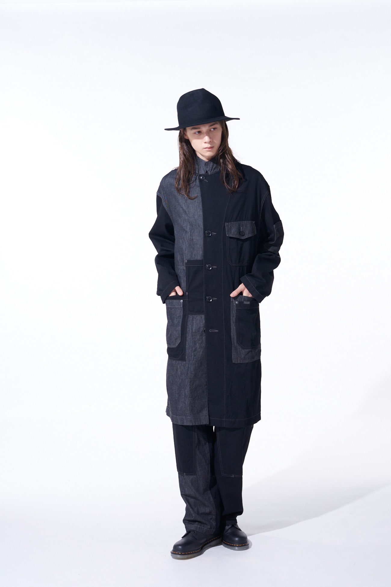 7oz DENIM CRAZY PATCHWORK SHOP COAT(M Black): S'YTE｜THE SHOP