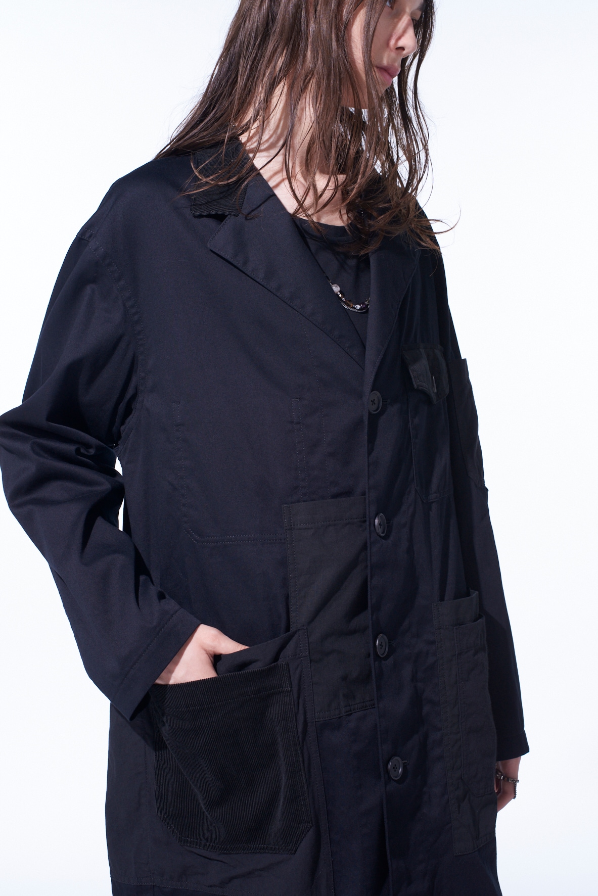 VARIOUS FABRICS CRAZY PATCHWORK SHOP COAT(M Black): S'YTE｜THE
