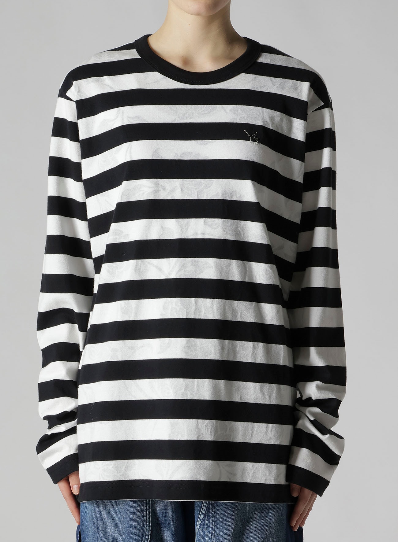 FLOWER PRINT/STRIPE Y'S STITCH LONG SLEEVE T(L Black): Y's｜THE